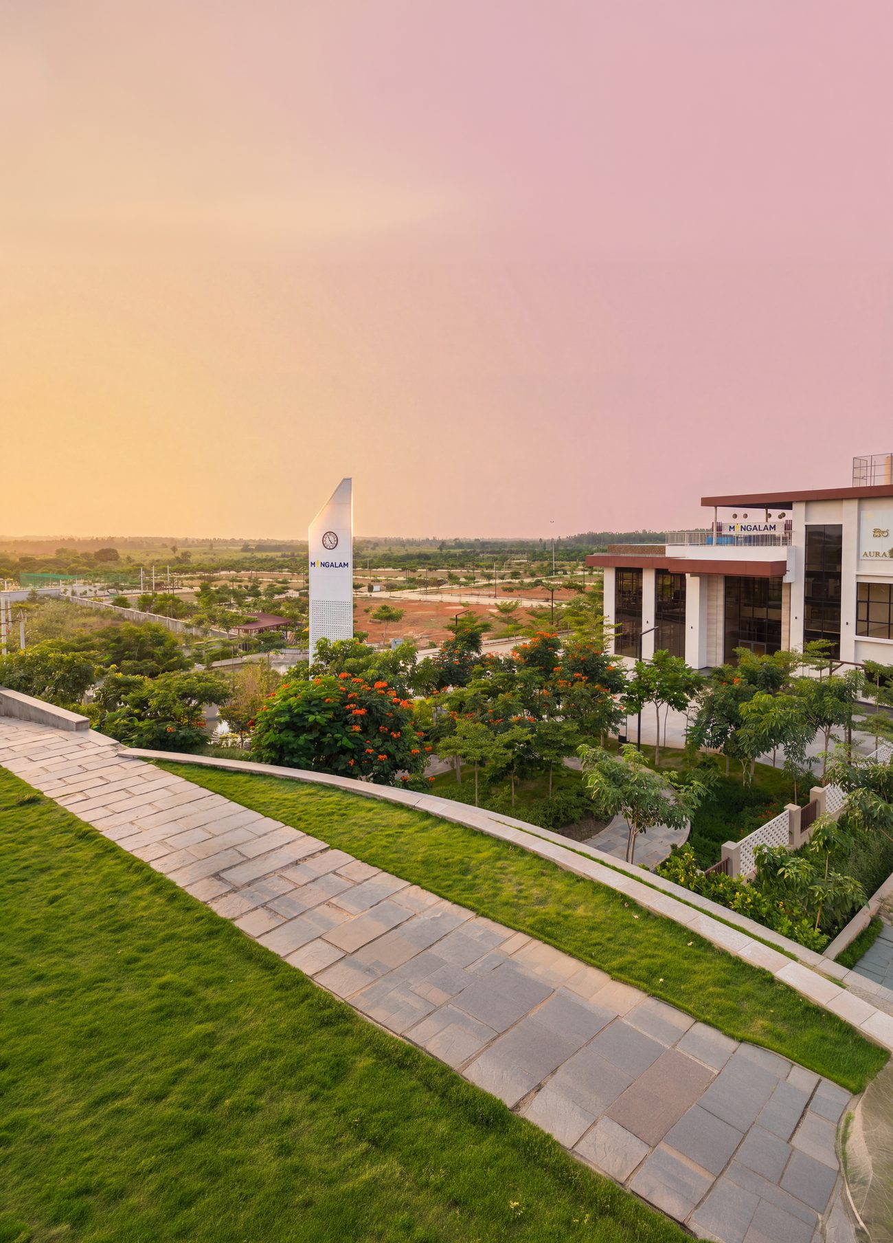 Clock tower and clubhouse at sunset, actual photograph